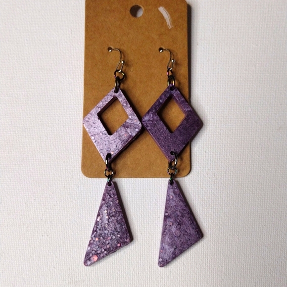 Lilac sparkle triangle double dangle silver hook hypoallergenic pierced earrings - Picture 2 of 2